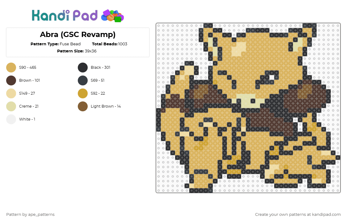 Abra (GSC Revamp) - Fuse Bead Pattern by ape_patterns on Kandi Pad - orange,character,abra,pokemon,revamp,nintendo,game boy,video games,gaming