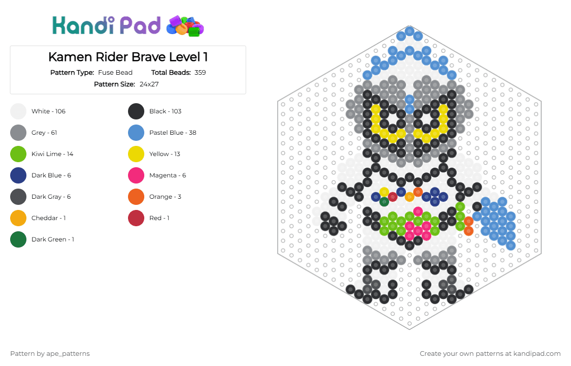 Kamen Rider Brave Level 1 - Fuse Bead Pattern by ape_patterns on Kandi Pad - white,gray,light blue,character,kamen rider,exaid,brave,chibi,toku,superhero,video games