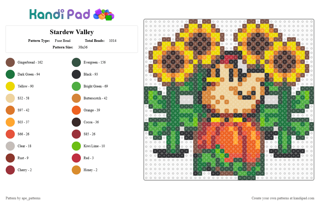Stardew Valley - Fuse Bead Pattern by ape_patterns on Kandi Pad - orange,tan,green,gray,cotdfarming2026,stardew valley,chicken,pumpkin,sunflower,video games,gaming