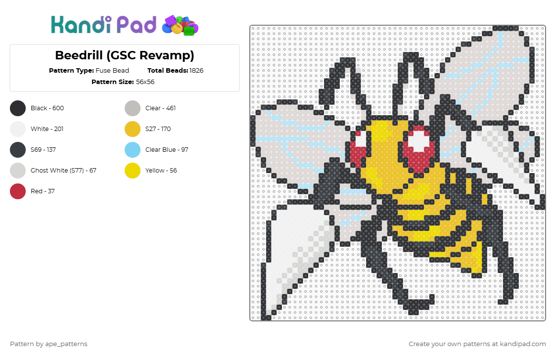 Beedrill (GSC Revamp) - Fuse Bead Pattern by ape_patterns on Kandi Pad - yellow,beige,character,beedrill,pokemon,nintendo,game boy,revamp,gaming,video games