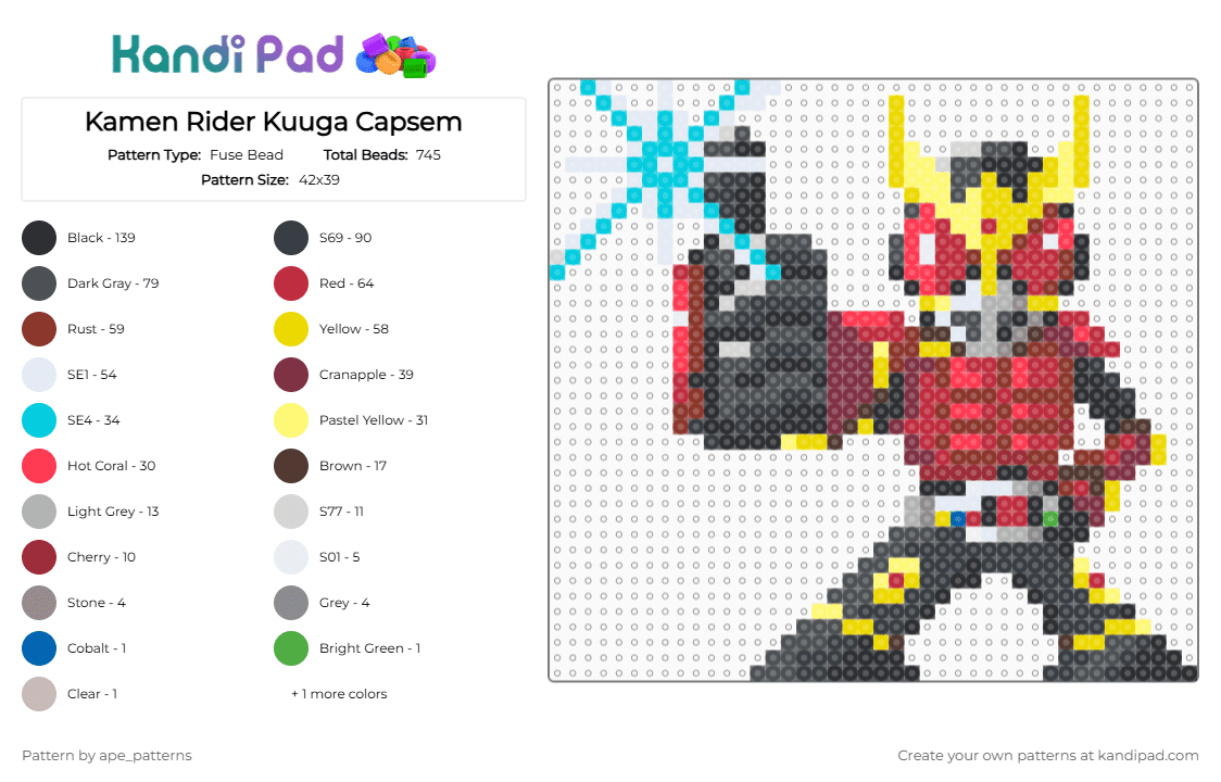 Kamen Rider Kuuga Capsem - Fuse Bead Pattern by ape_patterns on Kandi Pad - red,gray,yellow,brown,character,kamen rider,kuuga,zeztz,capsem,toku,superhero