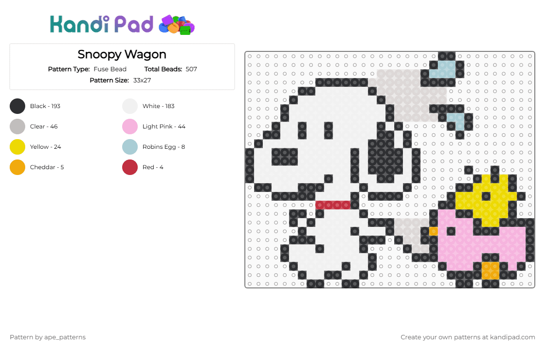 Snoopy Wagon - Fuse Bead Pattern by ape_patterns on Kandi Pad - beige, cartoon, character, comic, cute, peanuts, pink, snoopy, wagon, white, woodstock, yellow