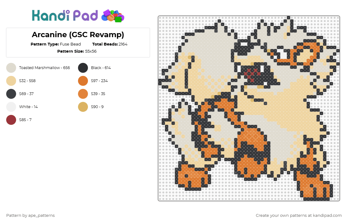 Arcanine (GSC Revamp) - Fuse Bead Pattern by ape_patterns on Kandi Pad - beige,character,arcanine,pokemon,revamp,nintendo,game boy,video games,gaming