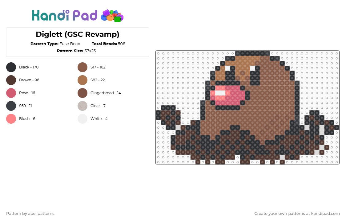 Diglett (GSC Revamp) - Fuse Bead Pattern by ape_patterns on Kandi Pad - brown,tan,character,diglett,pokemon,revamp,nintendo,game boy,video games,gaming