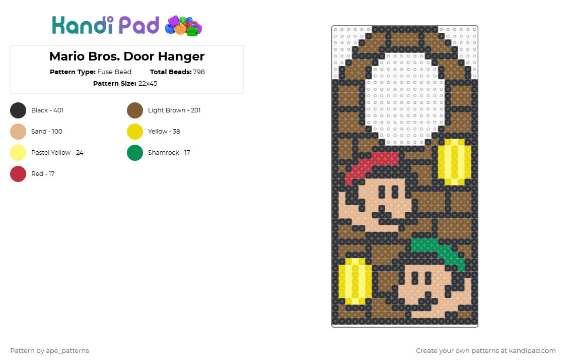 Mario Bros. Door Hanger - Fuse Bead Pattern by ape_patterns on Kandi Pad - black,beige,tan,character,mario,luigi,mario bros,super mario bros,door hanger,gaming,video games