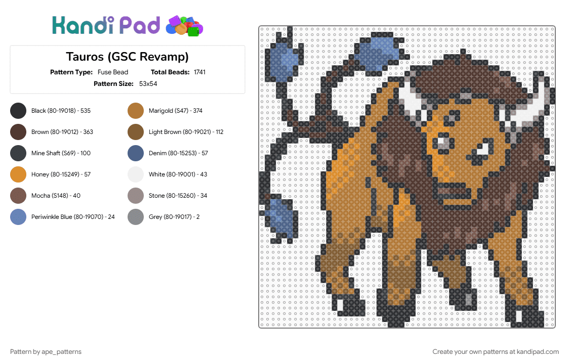 Tauros (GSC Revamp) - Fuse Bead Pattern by ape_patterns on Kandi Pad - brown, character, game boy, gaming, nintendo, pokemon, revamp, tan, tauros, video games