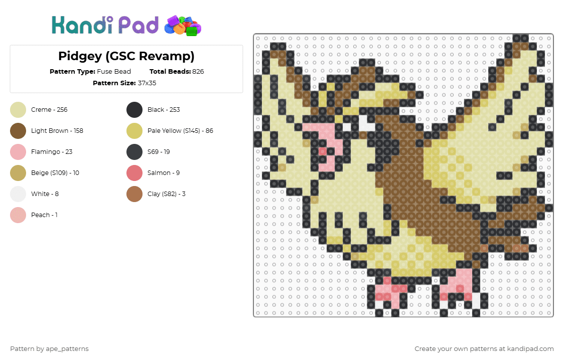 Pidgey (GSC Revamp) - Fuse Bead Pattern by ape_patterns on Kandi Pad - tan,yellow,character,pokemon,pidgey,revamp,game boy,nintendo,video games,gaming