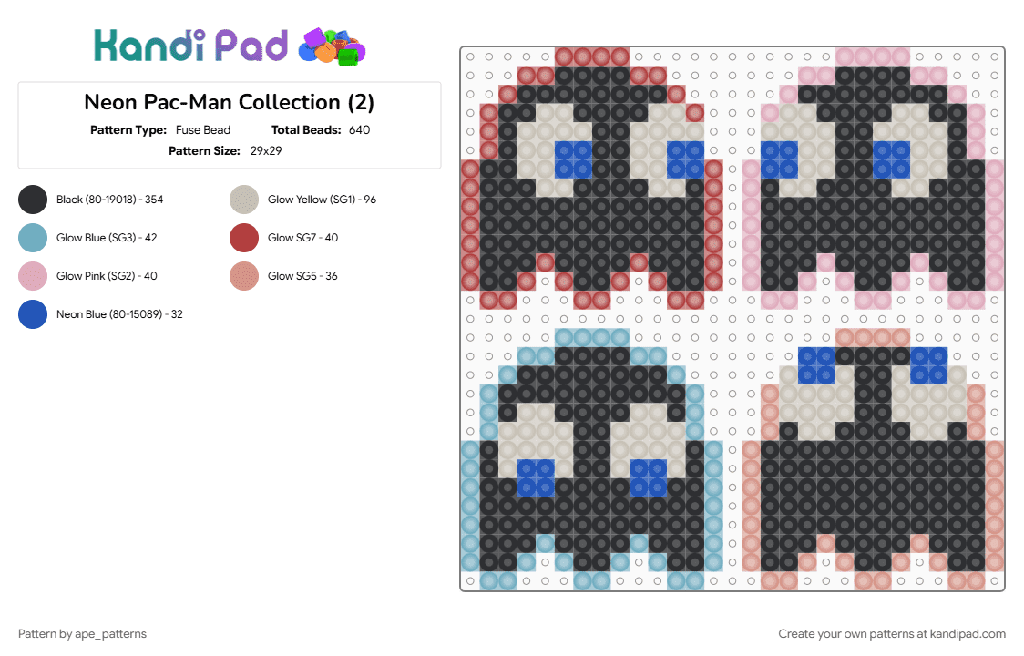 Neon Pac-Man Collection (2) - Fuse Bead Pattern by ape_patterns on Kandi Pad - arcade, beige, black, character, gaming, neon, pac man, pacman, retro, video games