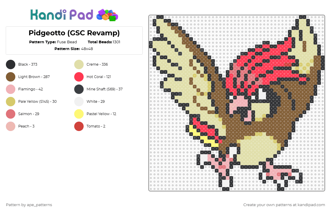 Pidgeotto (GSC Revamp) - Fuse Bead Pattern by ape_patterns on Kandi Pad - tan,yellow,character,pidgeotto,pokemon,revamp,nintendo,game boy,gaming,video games