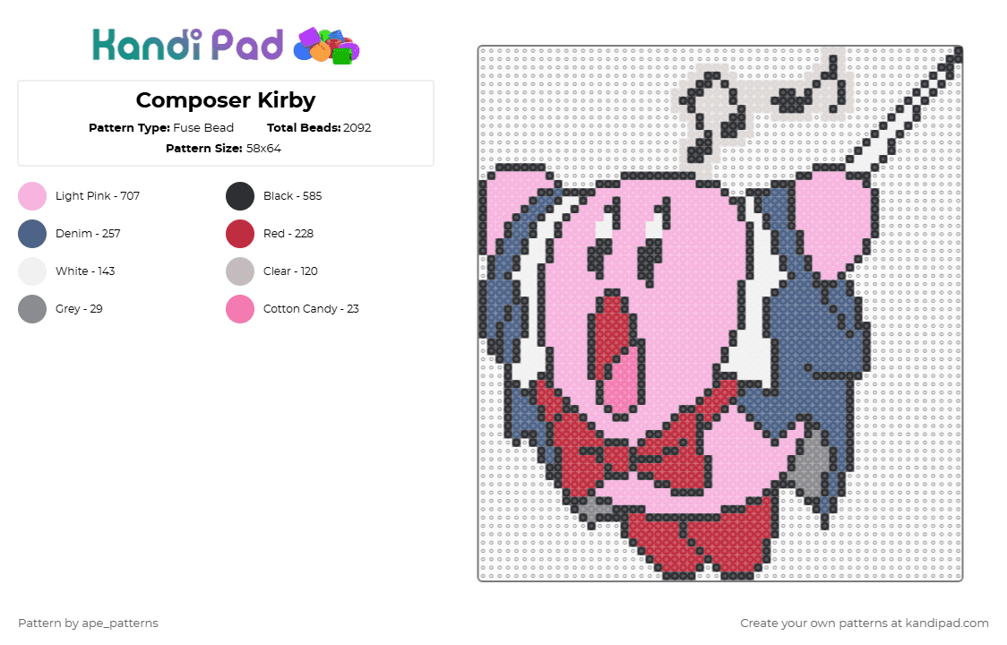 Composer Kirby - Fuse Bead Pattern by ape_patterns on Kandi Pad - blue,pink,character,kirby,nintendo,composer,music,video games,gaming,cute