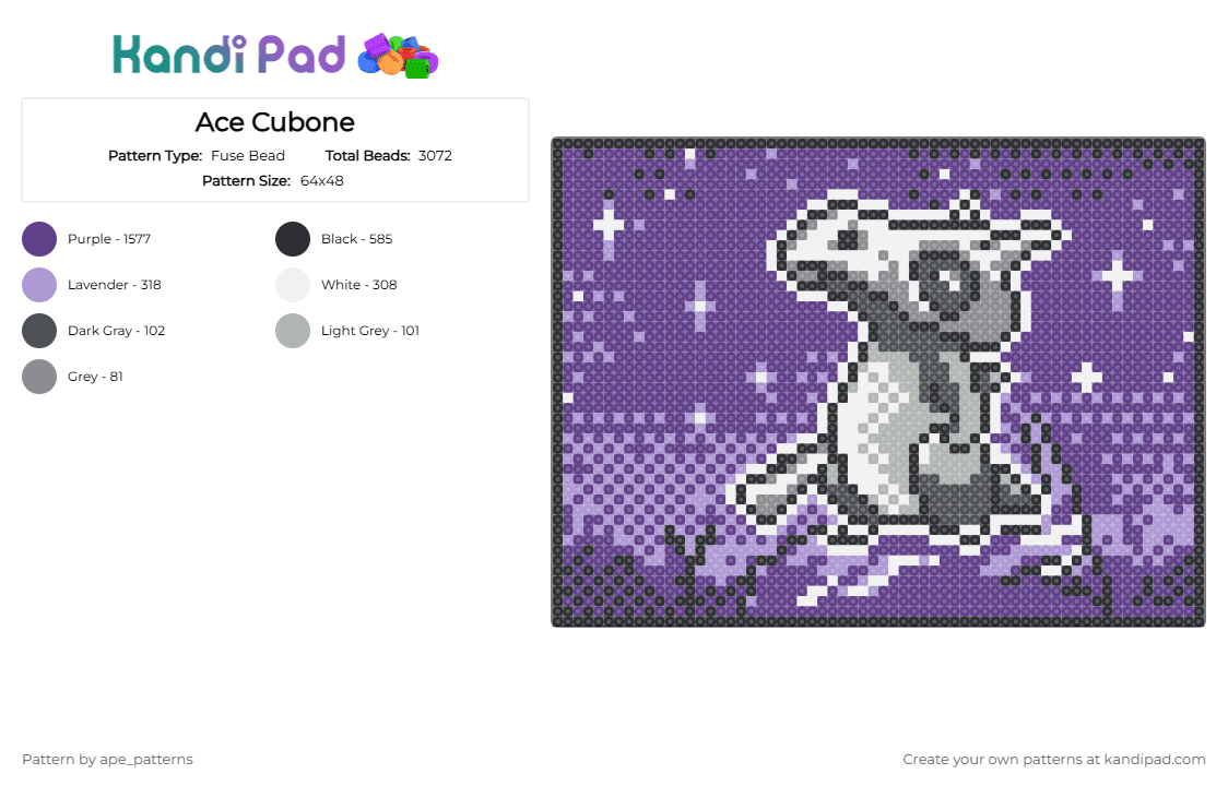 Ace Cubone - Fuse Bead Pattern by ape_patterns on Kandi Pad - purple,character,cubone,pokemon,asexual,pride,pride month,video games,gaming