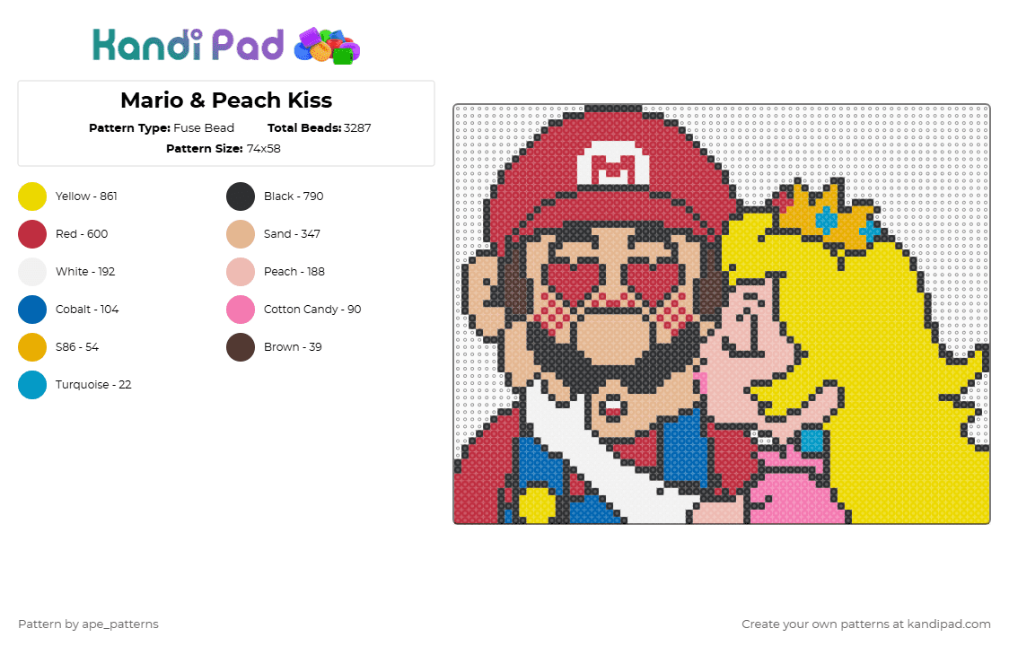 Mario & Peach Kiss - Fuse Bead Pattern by ape_patterns on Kandi Pad - beige,red,yellow,cotdfairytales,character,mario,princess peach,peach,nintendo,video games,gaming