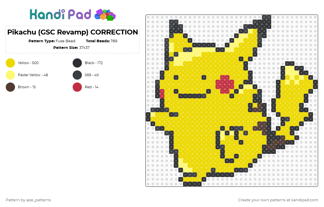 Pikachu (GSC Revamp) CORRECTION - Fuse Bead Pattern by ape_patterns on Kandi Pad - yellow,cotdaprilfoolsday2026,character,pikachu,ditto,pokemon,revamp,nintendo,game boy