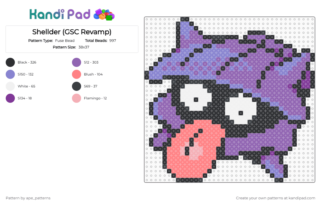 Shellder (GSC Revamp) - Fuse Bead Pattern by ape_patterns on Kandi Pad - pink,character,shellder,pokemon,revamp,nintendo,game boy,video games,gaming