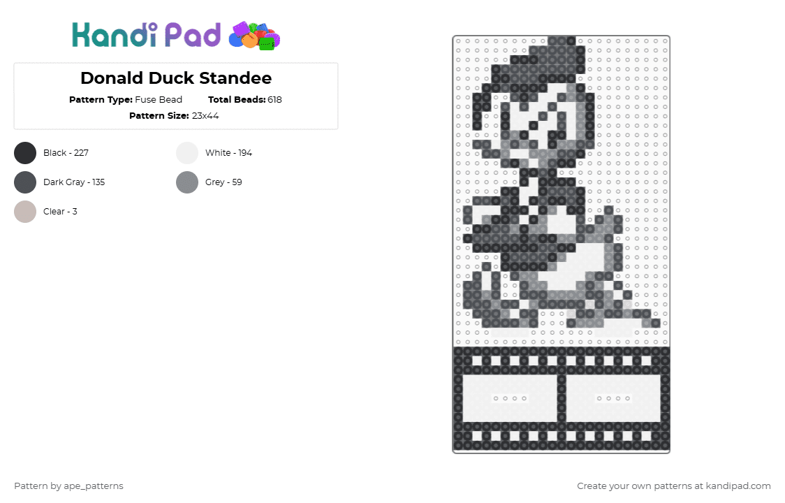 Donald Duck Standee - Fuse Bead Pattern by ape_patterns on Kandi Pad - gray,character,disney,donald duck,retro,nostalgia,cartoon,standee