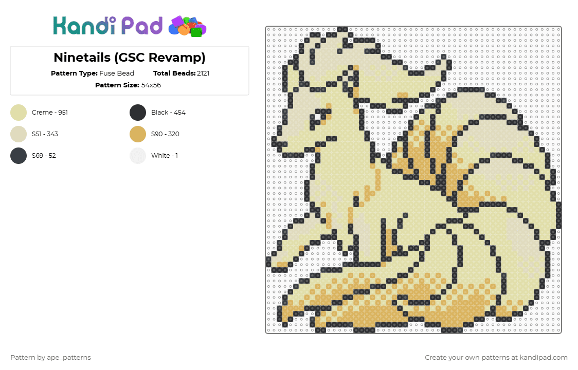 Ninetails (GSC Revamp) - Fuse Bead Pattern by ape_patterns on Kandi Pad - yellow,character,ninetails,pokemon,revamp,nintendo,game boy,video games,gaming