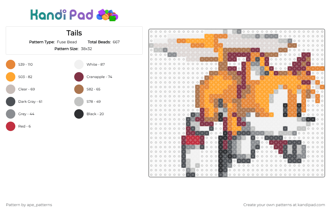 Tails - Fuse Bead Pattern by ape_patterns on Kandi Pad - character,tails,sonic,sonic the hedgehog,sega,video games,gaming