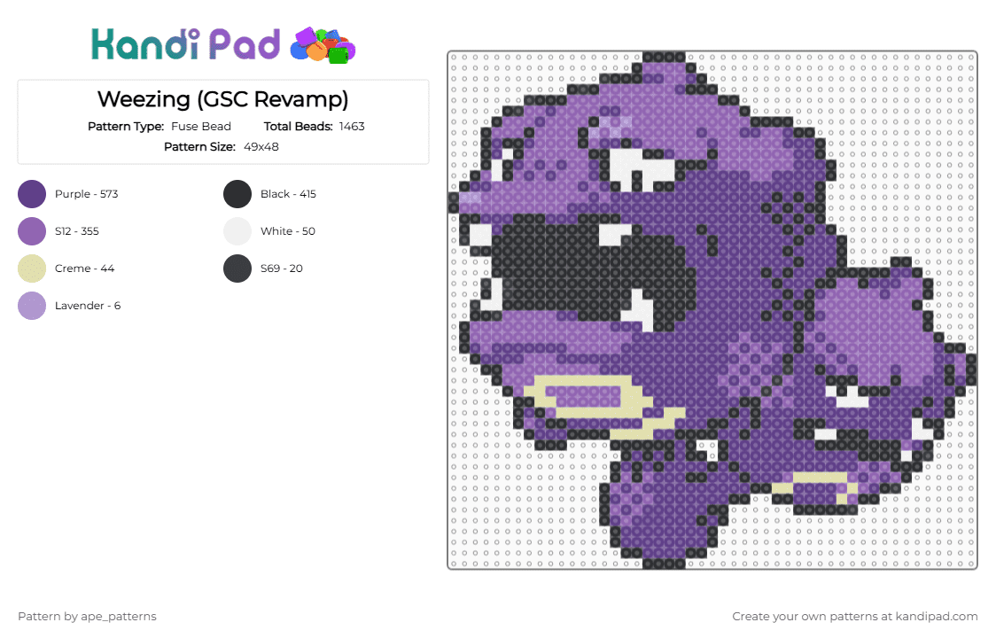 Weezing (GSC Revamp) - Fuse Bead Pattern by ape_patterns on Kandi Pad - pink,purple,character,weezing,pokemon,revamp,nintendo,game boy,video games,gaming