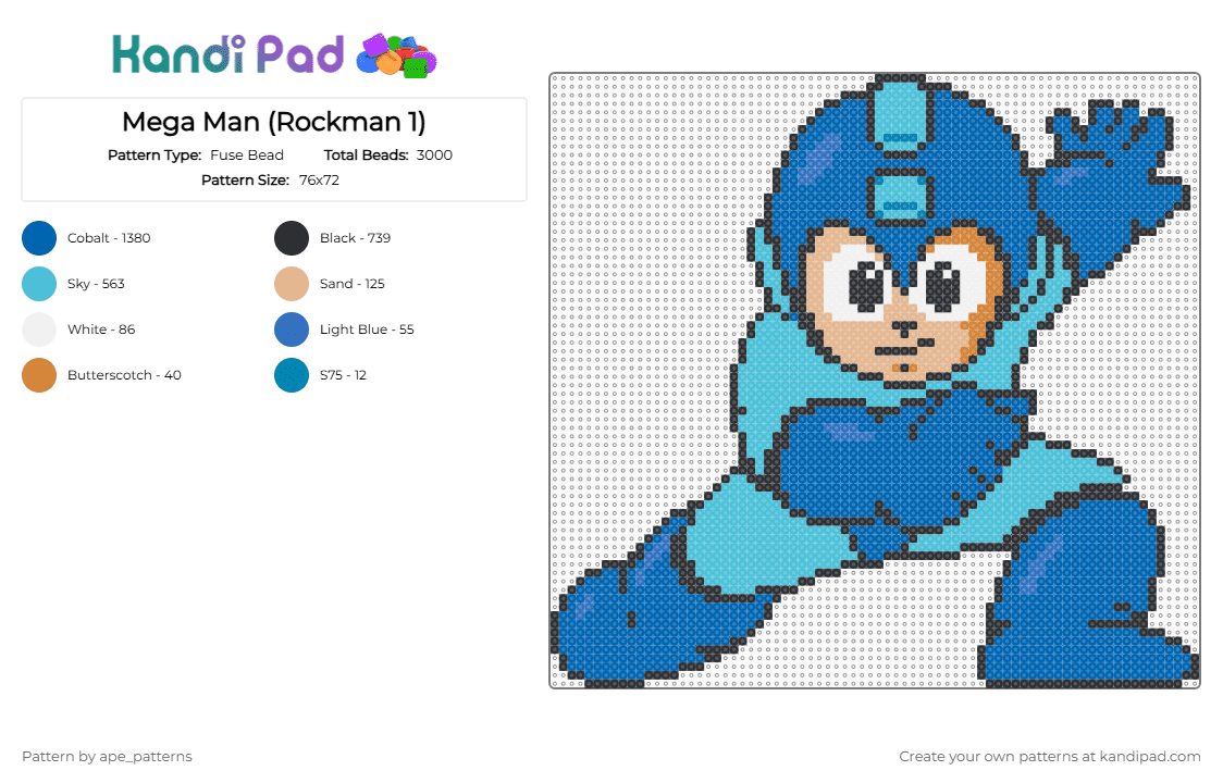 Mega Man (Rockman 1) - Fuse Bead Pattern by ape_patterns on Kandi Pad - blue,light blue,character,mega man,capcom,video games,gaming,retro,nintendo,nes