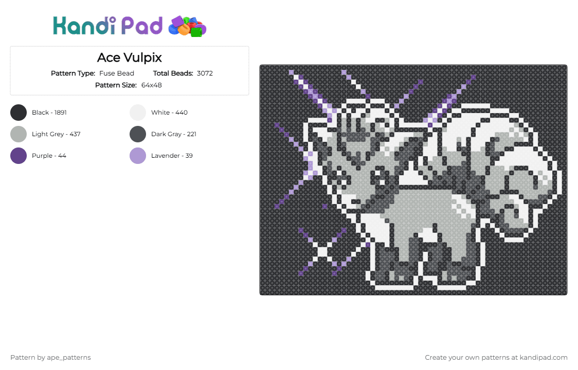 Ace Vulpix - Fuse Bead Pattern by ape_patterns on Kandi Pad - black,gray,beige,character,vulpix,pokemon,asexual,pride,pride month,video games,gaming