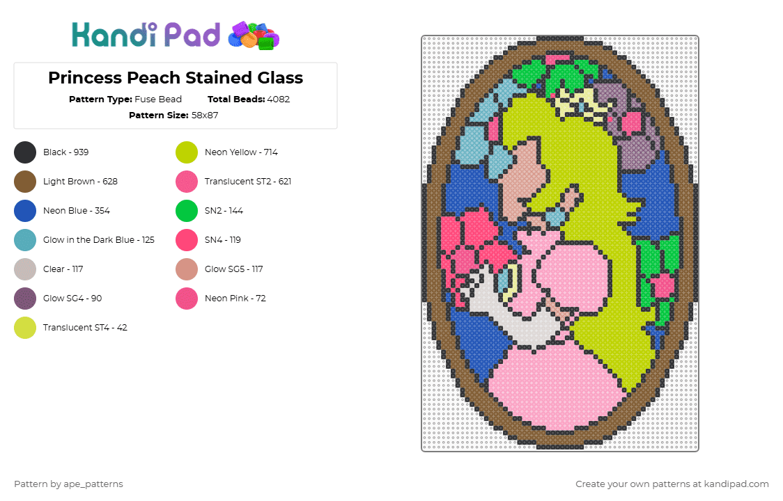 Princess Peach Stained Glass - Fuse Bead Pattern by ape_patterns on Kandi Pad - tan,green,pink,blue,cotdboldcolors,peach,princess peach,super mario bros,mario bros,nintendo,video games,gaming