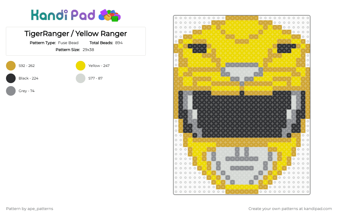 TigerRanger / Yellow Ranger - Fuse Bead Pattern by ape_patterns on Kandi Pad - character,power rangers,super sentai,mighty morphin,zyuranger,toku,superhero,mmpr