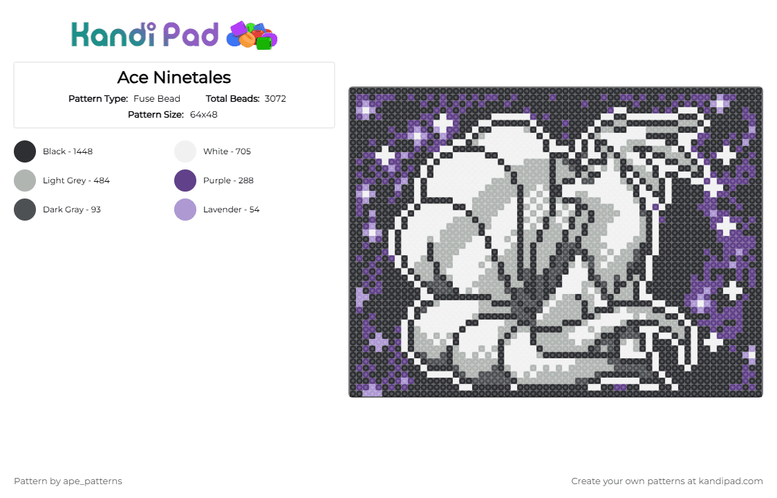 Ace Ninetales - Fuse Bead Pattern by ape_patterns on Kandi Pad - black,purple,beige,character,ninetales,pokemon,asexual,pride,pride month,video games,gaming