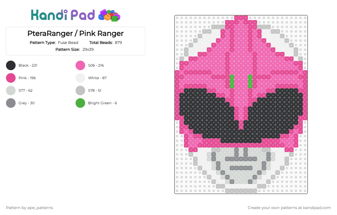 PteraRanger / Pink Ranger - Fuse Bead Pattern by ape_patterns on Kandi Pad - character,power rangers,super sentai,mmpr,mighty morphin,zyuranger,toku,superhero