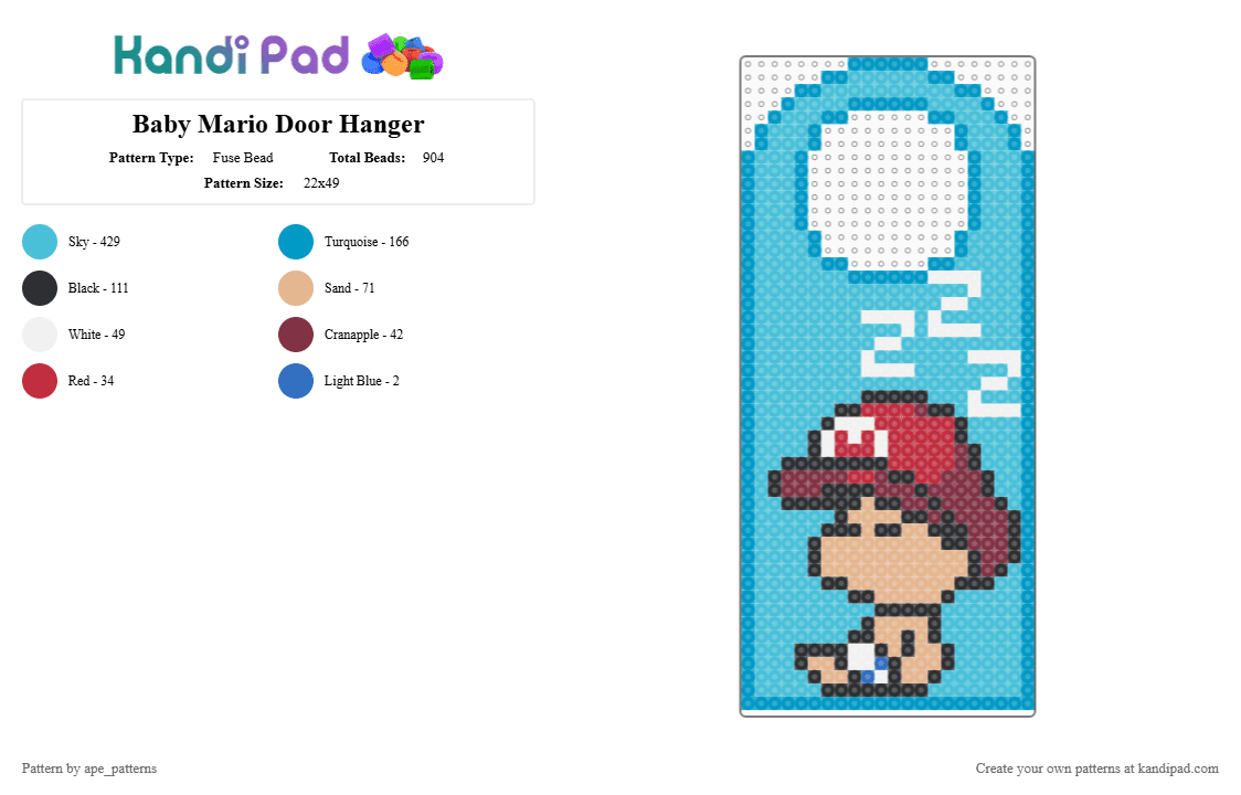 Baby Mario Door Hanger - Fuse Bead Pattern by ape_patterns on Kandi Pad - light blue,character,baby mario,mario bros,yoshi,door hanger,nintendo,video games,gaming