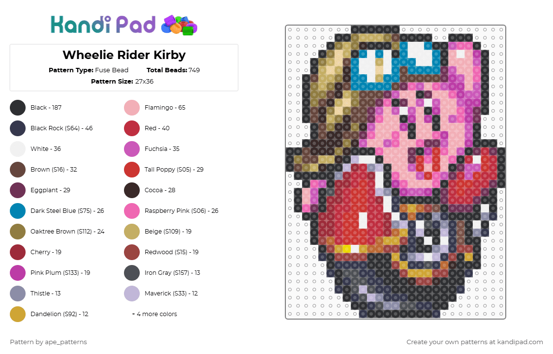 Wheelie Rider Kirby - Fuse Bead Pattern by ape_patterns on Kandi Pad - pink,brown,red,colorful,kirby,nintendo,adorable character,character,snes,gaming,games,video games