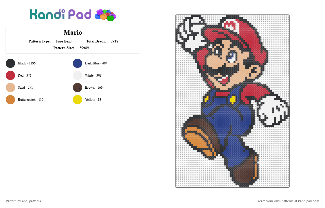 Mario - Fuse Bead Pattern by ape_patterns on Kandi Pad - red,blue,beige,character,mario,super mario bros,nintendo,game boy,video games,gaming,retro