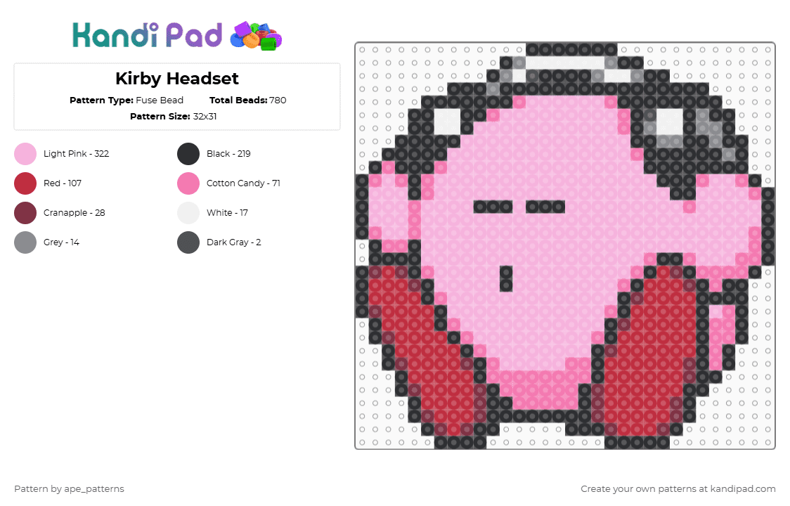 Kirby Headset - Fuse Bead Pattern by ape_patterns on Kandi Pad - pink,character,kirby,nintendo,adorable,music,remix,gaming,video games