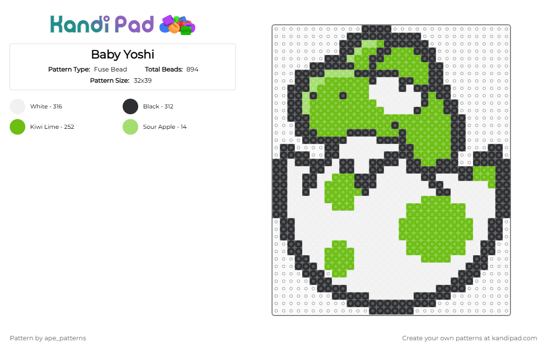 Baby Yoshi - Fuse Bead Pattern by ape_patterns on Kandi Pad - green,white,character,mario,yoshi,baby yoshi,nintendo,mario bros,video games,gaming
