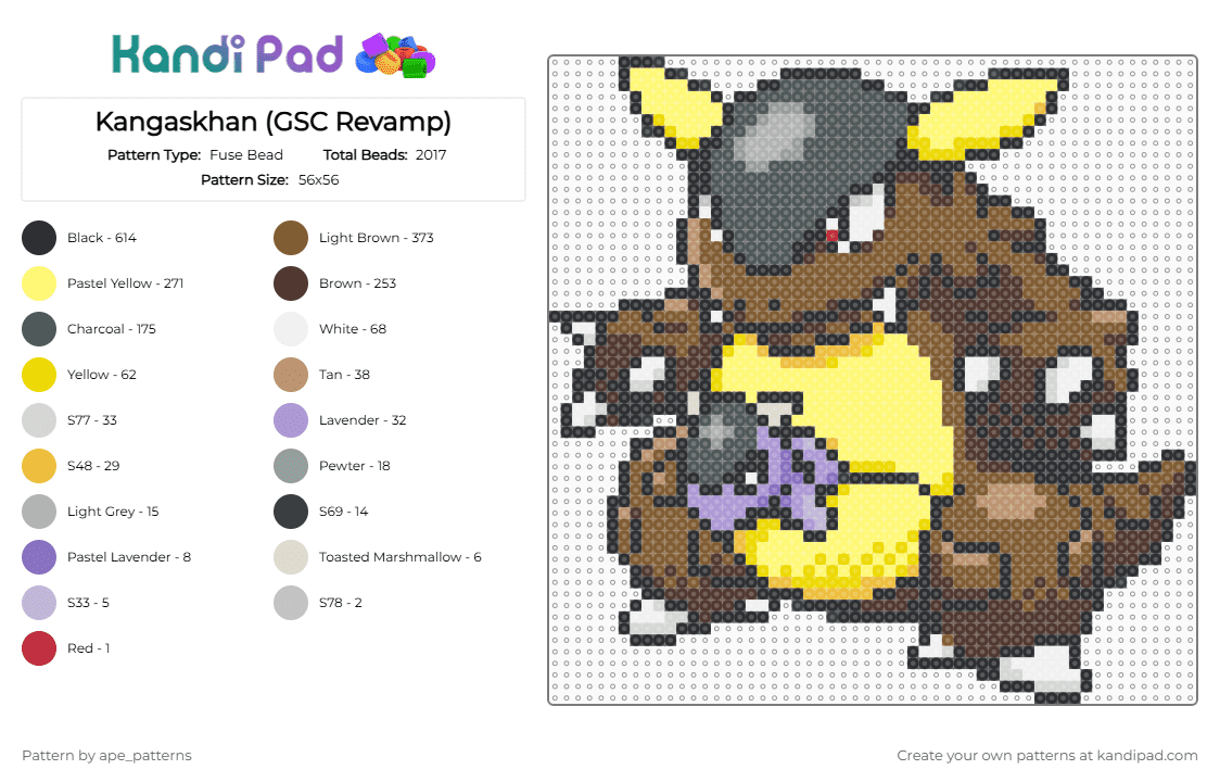 Kangaskhan (GSC Revamp) - Fuse Bead Pattern by ape_patterns on Kandi Pad - pink,yellow,brown,tan,character,kangaskhan,pokemon,revamp,nintendo,game boy,video games,gaming