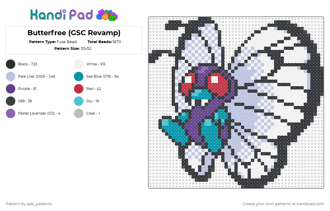 Butterfree (GSC Revamp) - Fuse Bead Pattern by ape_patterns on Kandi Pad - video game,anime,insect,gaming,character,pokemon,white,purple,pink,teal,butterfree,revamp,game boy,nintendo,video games