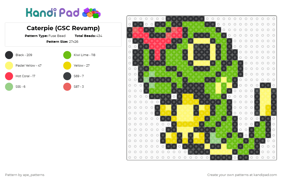 Caterpie (GSC Revamp) - Fuse Bead Pattern by ape_patterns on Kandi Pad - black,green,yellow,character,pokemon,caterpie,revamp,game boy,nintendo,video games,gaming