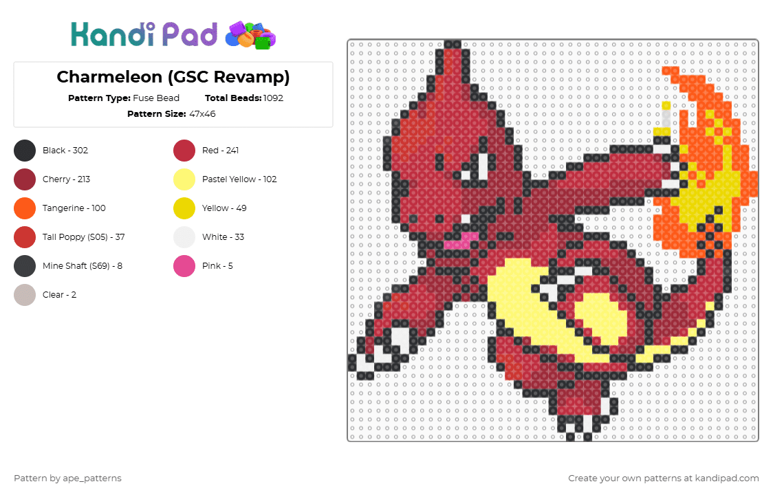 Charmeleon (GSC Revamp) - Fuse Bead Pattern by ape_patterns on Kandi Pad - yellow,red,character,pokemon,charmeleon,revamp,nintendo,game boy,video games,gaming