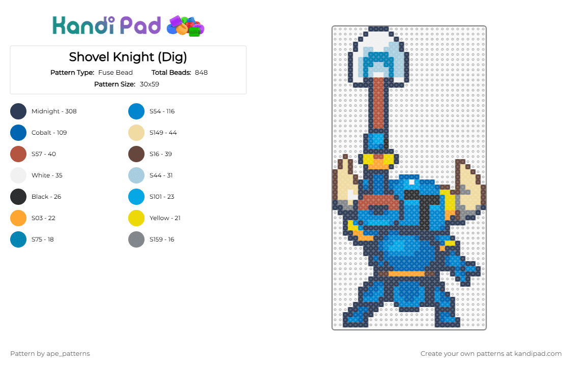 Shovel Knight (Dig) - Fuse Bead Pattern by ape_patterns on Kandi Pad - purple,blue,character,shovel knight,shovel knight dig,shovel,knight,video games,gaming