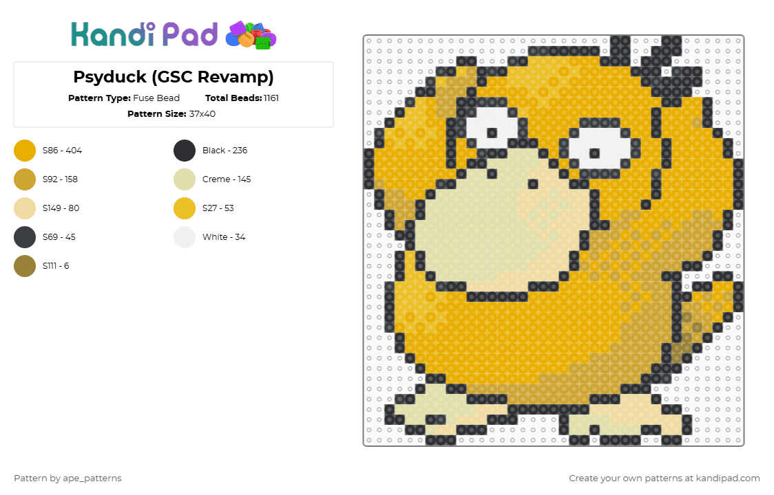 Psyduck (GSC Revamp) - Fuse Bead Pattern by ape_patterns on Kandi Pad - orange,character,psyduck,pokemon,revamp,nintendo,game boy,video games,gaming