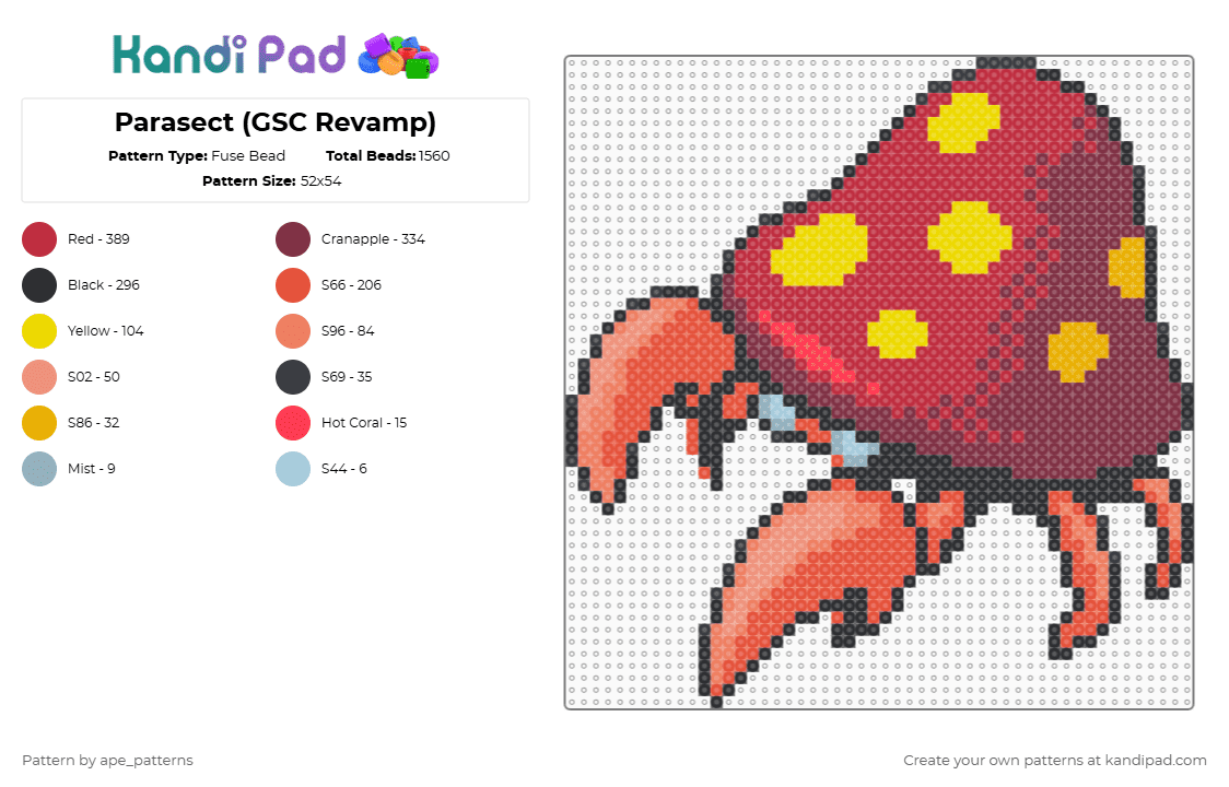 Parasect (GSC Revamp) - Fuse Bead Pattern by ape_patterns on Kandi Pad - red,brown,character,parasect,pokemon,revamp,nintendo,game boy,video games,gaming