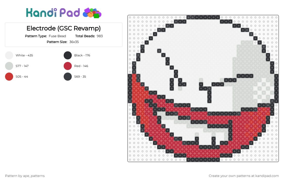 Electrode (GSC Revamp) - Fuse Bead Pattern by ape_patterns on Kandi Pad - white,character,electrode,pokemon,revamp,nintendo,game boy,video games,gaming
