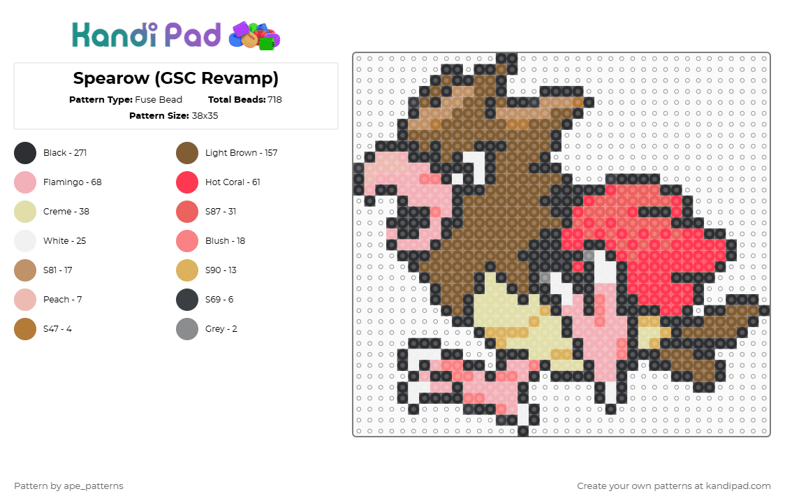 Spearow (GSC Revamp) - Fuse Bead Pattern by ape_patterns on Kandi Pad - tan,beige,red,character,pokemon,spearow,revamp,nintendo,game boy,video games,gaming