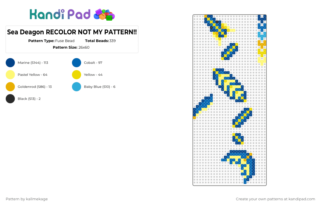 Sea Deagon RECOLOR NOT MY PATTERN!! - Fuse Bead Pattern by kallmekage on Kandi Pad - blue,yellow,dragon,dangle,sea dragon,serpent