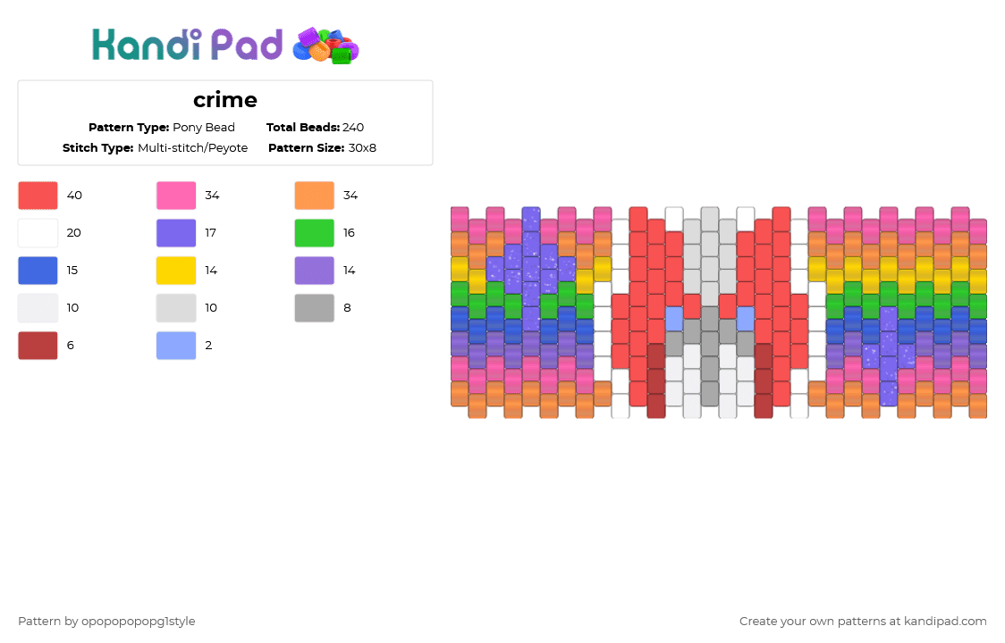 crime - Pony Bead Pattern by opopopopopg1style on Kandi Pad - red,blue,pink,orange