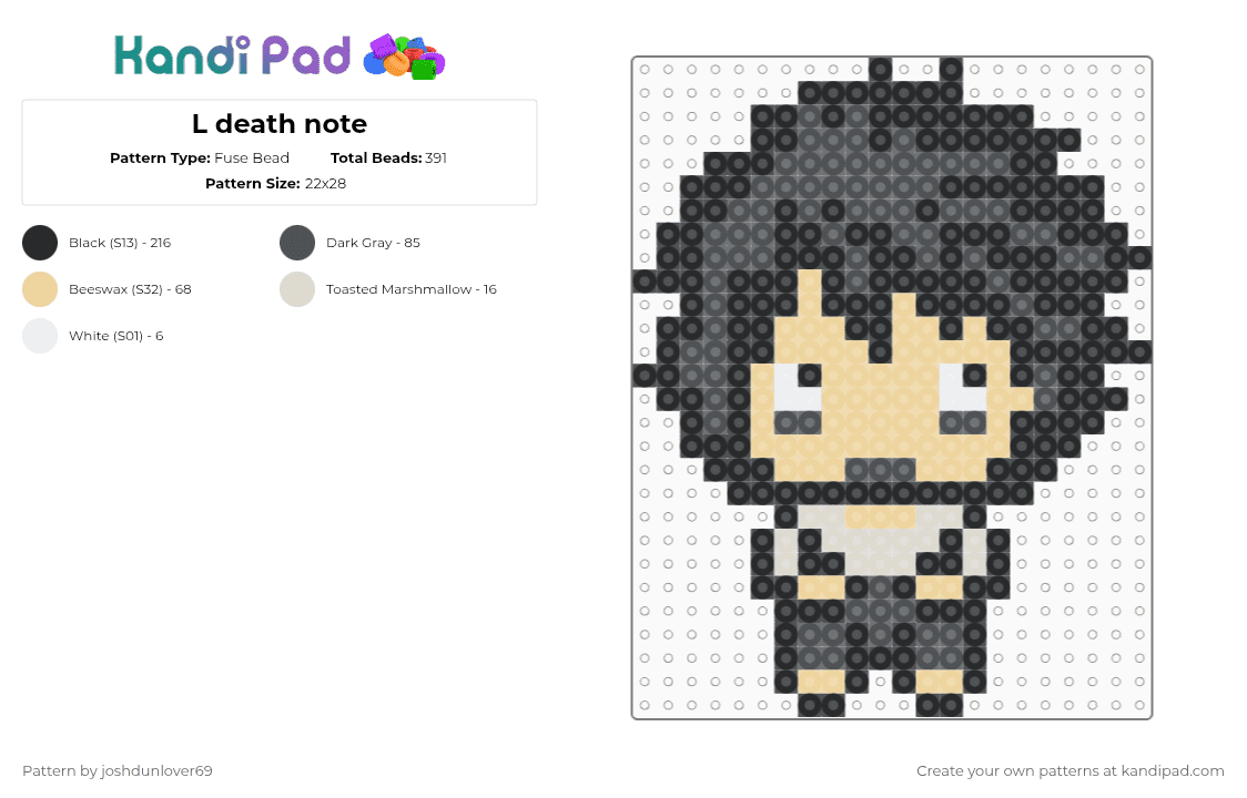 L death note - Fuse Bead Pattern by joshdunlover69 on Kandi Pad - black,beige,gray,death note,l