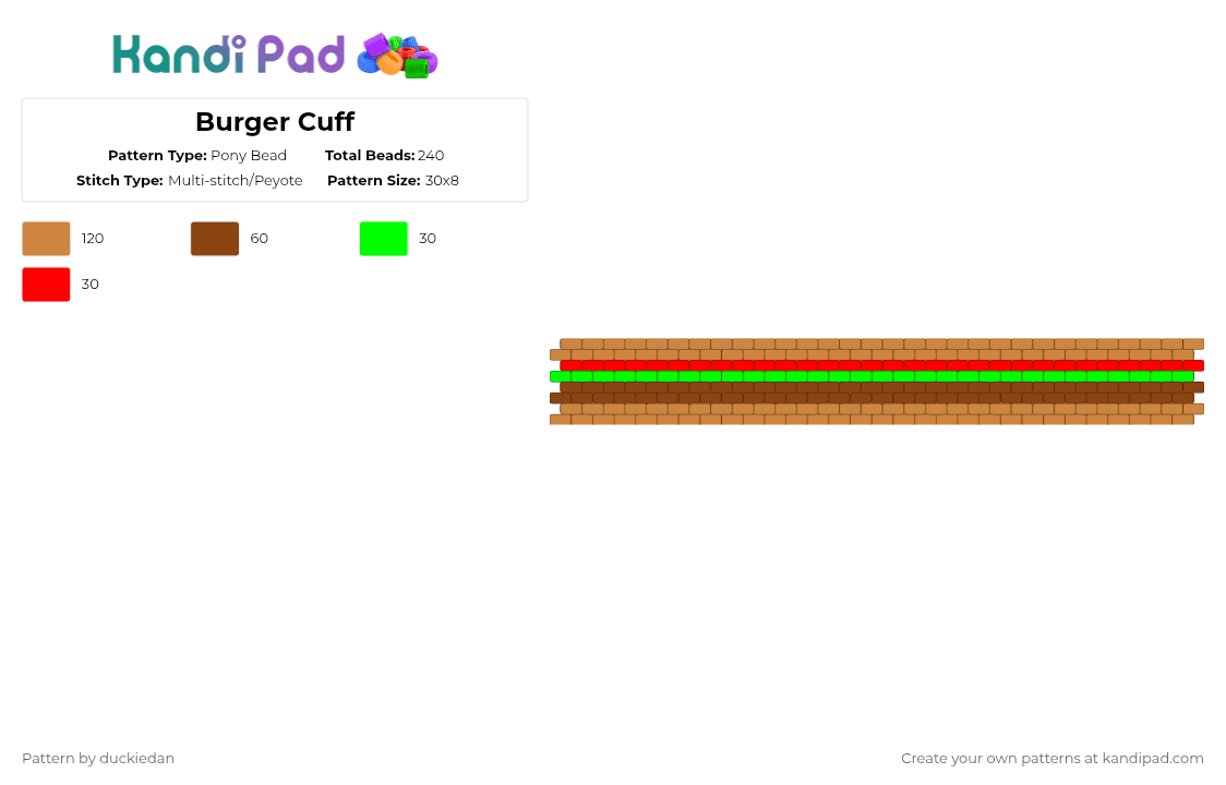Burger Cuff - Pony Bead Pattern by duckiedan on Kandi Pad - orange,red,food,cuff,burger