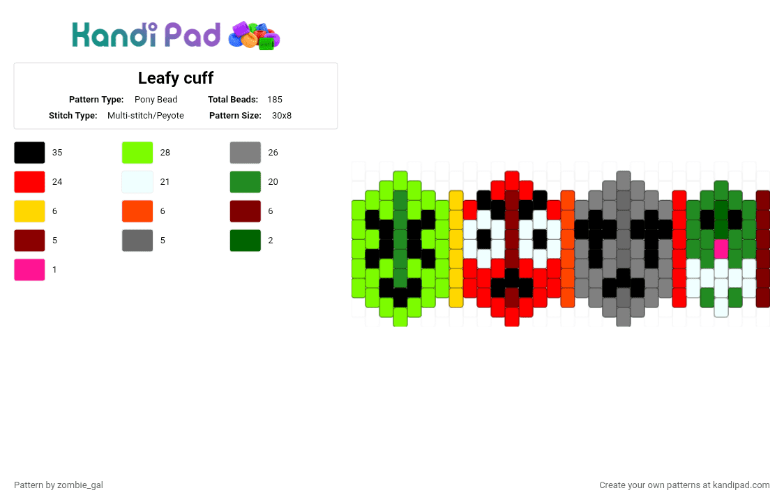 Leafy cuff - Pony Bead Pattern by zombie_gal on Kandi Pad - green,red,gray