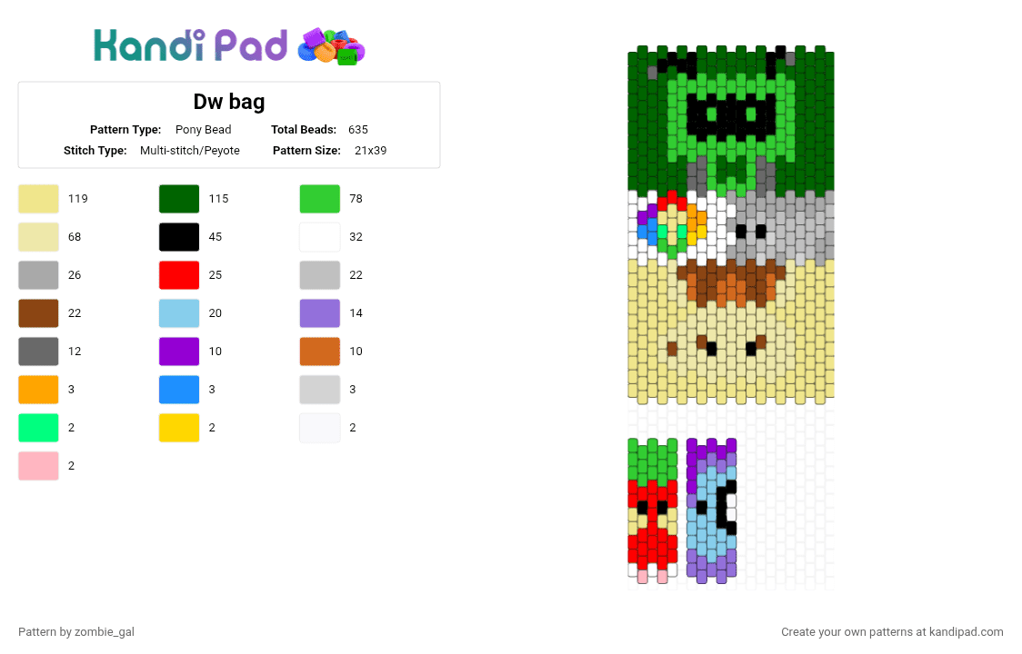 Dw bag - Pony Bead Pattern by zombie_gal on Kandi Pad - beige, green, yellow