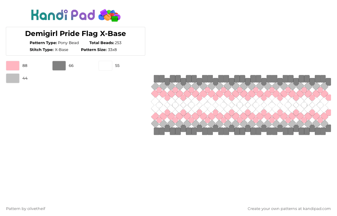 Demigirl Pride Flag X-Base - Pony Bead Pattern by olivetheif on Kandi Pad - gray,pink,demi,demigirl,lgbtq,nonbinary,lgbtqia