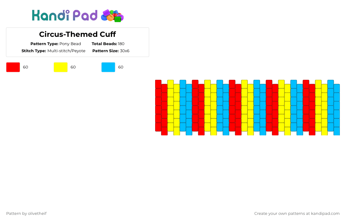 Circus-Themed Cuff - Pony Bead Pattern by olivetheif on Kandi Pad - red,yellow,light blue,clown,ringmaster,acrobat,strongman,circus,pomni